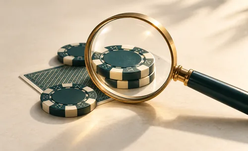 Magnifying glass examining casino chips and a face-down card